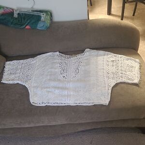 Democracy White Boxy Flowy Blouse with Lace Crochet Embellishments
